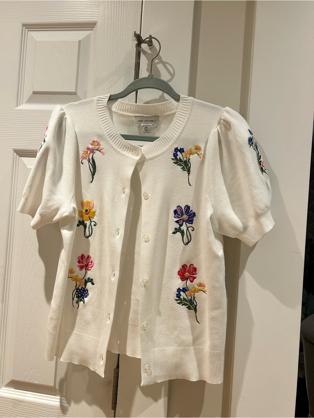 White Embroidered Puff Sleeve Cardigan - Floral Detail